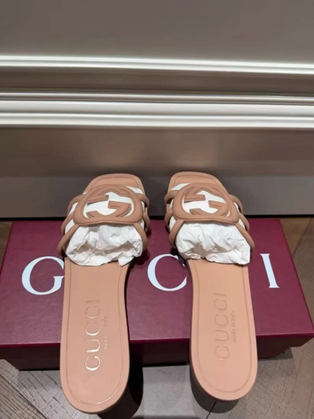 Gucci Smooth Leather Double G Logo Square Toe Slip On Mules